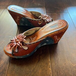 Y2K Leather Floral Wedge Mules